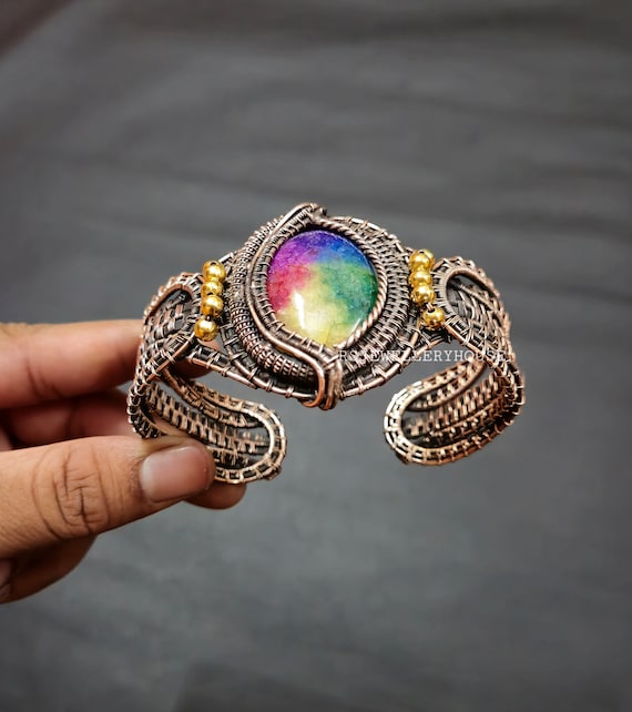 Rainbow Solar Quartz Druzy Copper Cuff Bracelet Copper Wire