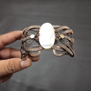 Mother Of Pearl Copper Cuff Bangle Copper Wire Wrapped Cuff Adjustable Bracelet Copper Gemstone Unique Wire Bangle Handmade Christmas Gift