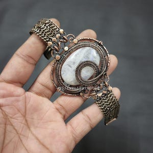 Rainbow Moonstone Bracelet Copper Wire Wrapped Cuff Bracelet Gemstone Bangle Adjustable Bangle Handmade Copper Jewelry Anniversary Gift