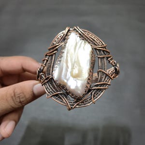Mother Of Pearl Gemstone Bangle Wire Wrapped Bangle Handmade Bangle Adjustable Cuff Bracelet Antique Copper Wire Jewelry Amazing Gifts