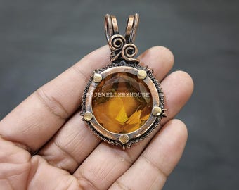 シトリンペンダント、純銅線で巻かれたペンダント、シトリン宝石