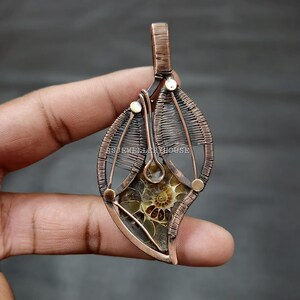 Ammonite Fossil Pendant Copper Wire Wrapped Gemstone Jewelry Copper Pendant Ammonite Fossil Jewelry Handmade Wire Wrap Pendant Gift For Him
