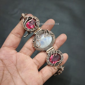 Moonstone Bracelet Copper Bracelet Rubellite Gemstone Jewelry Adjustable Chain Bracelet Handmade Copper Jewelry Gift For Her