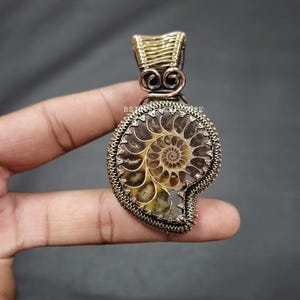 Ammonite Fossil Pendant Copper Wire Wrapped Gemstone Jewelry Copper Pendant Ammonite Fossil Jewelry Handmade Wire Wrap Pendant Gift Her