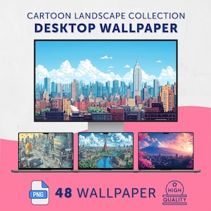 Cartoon Landscape Desktop Wallpaper: 16-bit Retro PC Background (Digital Download)