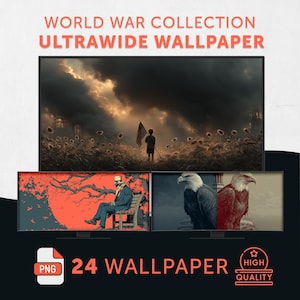 World War ultrawide wallpaper, dramatic background, emotional lo-fi art for Mac Studio & ultrawide monitors, symbolic distressed wallpaper