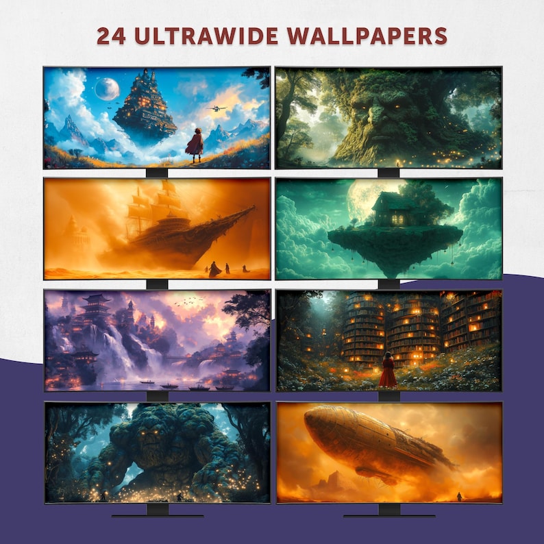 May include: A collection of 24 ultrawide wallpapers featuring fantasy landscapes. Each display shows a different scene, including floating islands, a sailing ship, and a giant stone figure. The text "24 Ultrawide Wallpapers" is at the top.