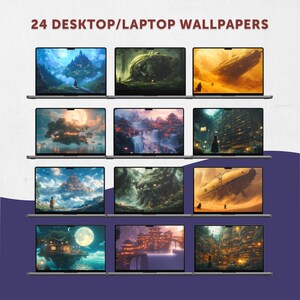 May include: Nine laptops displaying fantasy landscape wallpapers. The laptops are arranged in three rows of three. The text at the top reads "24 DESKTOP/LAPTOP WALLPAPERS". The wallpapers feature castles, waterfalls, and floating islands.