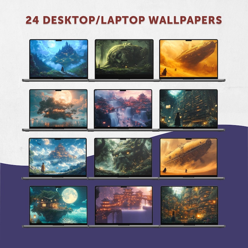 May include: Nine laptops displaying fantasy landscape wallpapers. The laptops are arranged in three rows of three. The text at the top reads "24 DESKTOP/LAPTOP WALLPAPERS". The wallpapers feature castles, waterfalls, and floating islands.