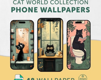 Cozy Cat World Desktop Wallpaper: Vintage Kitchen Illustration (Digital Download)