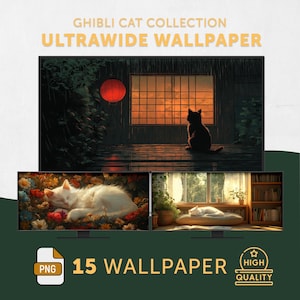 Ghibli Cat Ultrawide Wallpaper Anime Aesthetic Background Cozy Lofi Art Ultra Wide Monitor Ghibli Inspired Digital Art PC Gaming Wallpaper