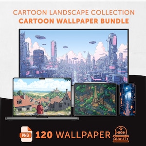 Cartoon wallpaper bundle, 120 aesthetic digital backgrounds, cozy retro scenery pack for phone, desktop, tablet, ultrawide 4K digital art
