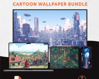 Cartoon Landscape Wallpaper Bundle | 120 Aesthetic Cozy Backgrounds, Retro Lofi Scenery, 16-bit Phone Desktop Tablet Ultrawide Art Set