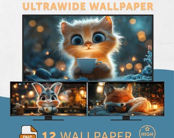 Ghibli Inspired Animal Ultrawide Wallpaper, Cozy Lofi Desktop Background (Digital Download)