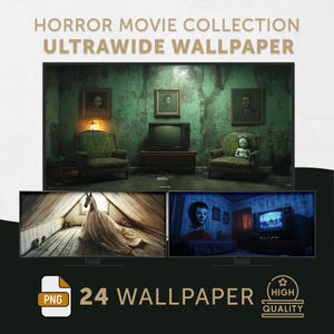 Puede incluir: Una obra de arte digital que promociona una colección de películas de terror. La imagen presenta una habitación oscura y misteriosa con muebles antiguos, retratos y un televisor retro. El texto dice "HORROR MOVIE COLLECTION ULTRAWIDE WALLPAPER" y "24 WALLPAPER".