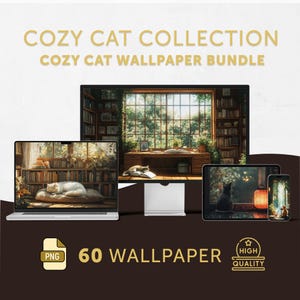 Cozy Cat Ultimate Wallpaper Bundle | 60 Whimsical Lofi Anime Arts, Phone Desktop Tablet & Ultrawide Set, 4K Aesthetic Backgrounds