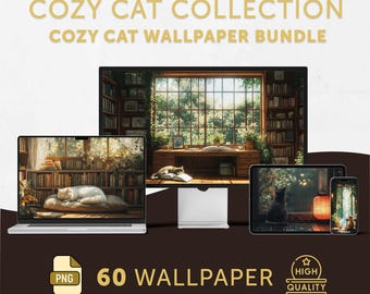 Cozy Cat Ultimate Wallpaper Bundle | 60 Whimsical Lofi Anime Arts, Phone Desktop Tablet & Ultrawide Set, 4K Aesthetic Backgrounds
