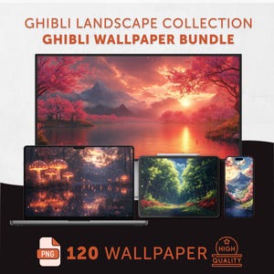 Ghibli Landscape Wallpaper Bundle, Desktop Phone Tablet Wallpaper Set, Aesthetic Anime Background Pack, Cozy Cinematic Wallpaper Collection