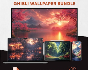 Ghibli Landscape Wallpaper Bundle, Desktop Phone Tablet Wallpaper Set, Aesthetic Anime Background Pack, Cozy Cinematic Wallpaper Collection