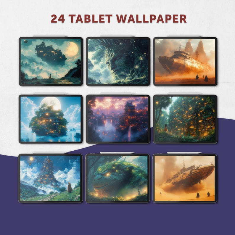 May include: A collection of 24 tablet wallpapers featuring fantasy landscapes. Each tablet displays a unique digital art scene, including floating castles, mystical forests, and futuristic airships. The text "24 TABLET WALLPAPER" is at the top.