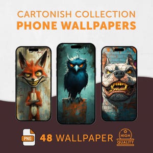 Può includere: Tre sfondi per telefono con illustrazioni di cartoni animati. Il primo sfondo presenta una volpe rossa con un sorriso malizioso, il secondo sfondo presenta un uccello blu con un becco grigio scuro e il terzo sfondo presenta un bulldog bianco con un'espressione minacciosa.