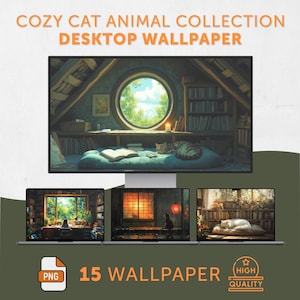Cozy Cat Desktop Wallpaper | 15 Whimsical Lofi Anime Backgrounds, Aesthetic Japanese Scenery, PC Mac MacBook Art Set