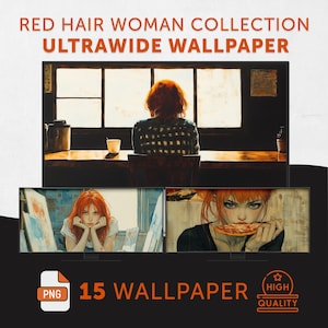 Peut inclure: Image promotionnelle pour une collection de 15 fonds d'écran ultra-larges mettant en vedette des femmes rousses. L'image supérieure montre une femme assise à une table. Les images inférieures montrent deux illustrations supplémentaires de femmes rousses. Le texte "PNG" et "HIGH QUALITY" est inclus.