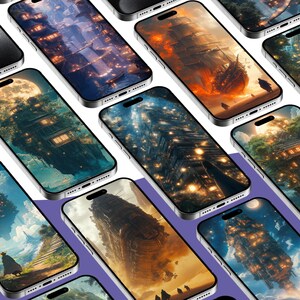 May include: A collection of smartphones with various fantasy-themed wallpapers. The screens display images of a cityscape, a sailing ship, and other fantastical scenes. The phones are arranged at an angle, showcasing the detailed artwork.