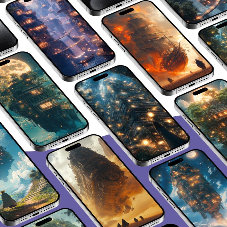 May include: A collection of smartphones with various fantasy-themed wallpapers. The screens display images of a cityscape, a sailing ship, and other fantastical scenes. The phones are arranged at an angle, showcasing the detailed artwork.