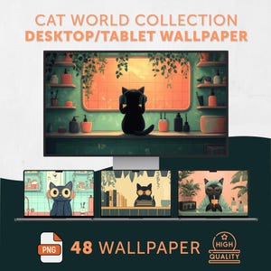 Cat World desktop wallpaper, cozy cat illustration background, vintage kitchen cat Desktop Wallpaper, aesthetic laptop wallpaper Mac and PC