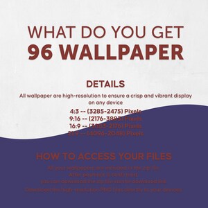 May include: A digital graphic with the text "WHAT DO YOU GET 96 WALLPAPER". The image details high-resolution wallpapers for any device, including pixel dimensions for various aspect ratios. Instructions on how to access the files are also included.