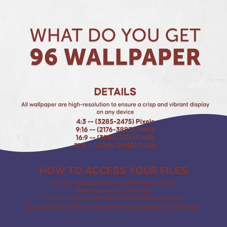 May include: A digital graphic with the text "WHAT DO YOU GET 96 WALLPAPER". The image details high-resolution wallpapers for any device, including pixel dimensions for various aspect ratios. Instructions on how to access the files are also included.