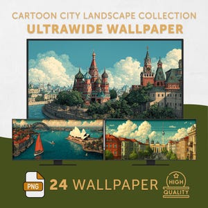 May include: A collection of cartoon city landscape ultrawide wallpapers. The image features three screens displaying colorful cityscapes, including a red-domed cathedral, a harbor with a sailboat, and a European city street. The text reads "24 Wallpaper" and "High Quality".