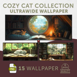 Cozy Cat Ultrawide Wallpaper | 15 Whimsical Lofi Anime Scenes, 21:9 Cinematic Backgrounds, PC Gaming Monitor Art Set