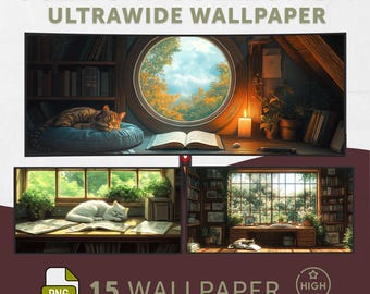 Cosy Cat ultrabreed behang | 15 grillige Lofi-animescènes, 21:9 filmische achtergronden, pc-gamingmonitorkunstset