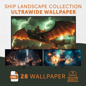 May include: A collection of 28 high-quality, ultra-wide wallpapers featuring ships in various landscapes. The images include a ship flying through a stormy sky with lightning, a ship sailing through a dark cave, and a ship sailing through a starry night.