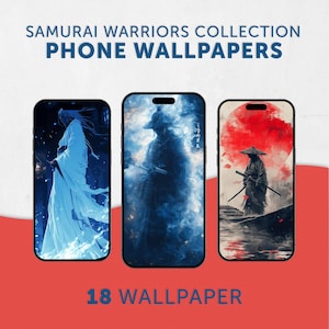 May include: Three phone wallpapers featuring samurai warriors in different poses. The first wallpaper features a samurai in a white robe with a blue background. The second wallpaper features a samurai in a black robe with a blue and white background. The third wallpaper features a samurai in a black robe with a red and white background.