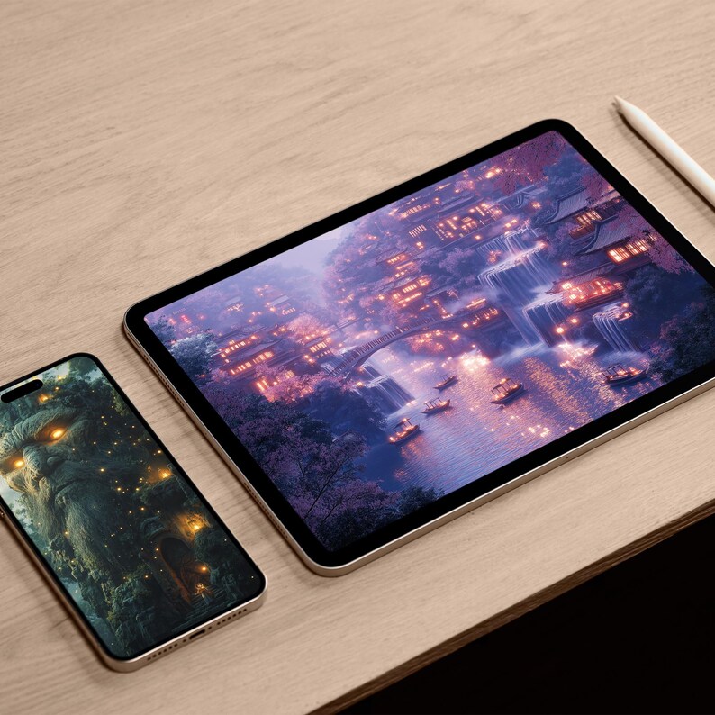 May include: A smartphone and a tablet are displayed on a light wood surface. The tablet shows a digital painting of a fantasy landscape with waterfalls, buildings, and boats. The smartphone displays a close-up of a creature with glowing eyes.