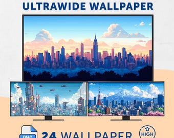 Cartoon Landscape Ultrawide Wallpaper | 16-bit Retro 21:9 Cinematic Art, Widescreen 4K Background, PC Mac Monitor Set
