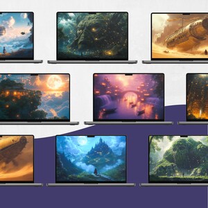 May include: A collection of laptops displaying fantasy art. Each screen showcases a different landscape, including a castle, a forest with a giant face, and a cityscape with a bridge. The color palettes vary, with some featuring warm tones and others cool blues.