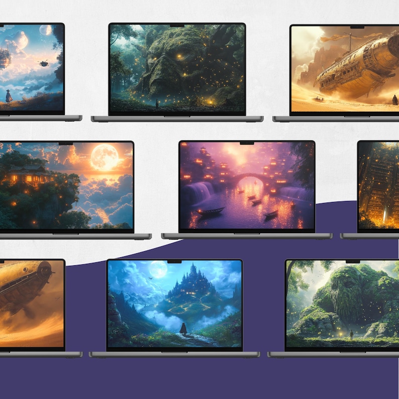 May include: A collection of laptops displaying fantasy art. Each screen showcases a different landscape, including a castle, a forest with a giant face, and a cityscape with a bridge. The color palettes vary, with some featuring warm tones and others cool blues.