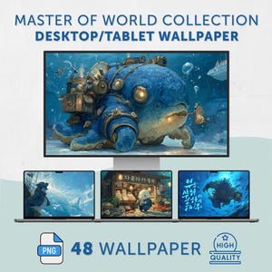 May include: Digital artwork showcasing a blue, whale-like creature with steampunk elements, set in an underwater environment. The image is labelled "MASTER OF WORLD COLLECTION DESKTOP/TABLET WALLPAPER" and includes 48 wallpapers.