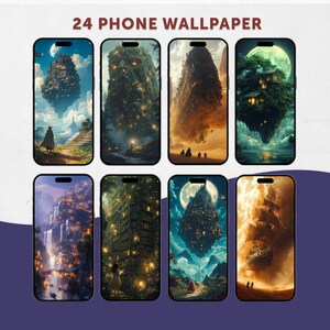 May include: A collection of eight smartphones displaying fantasy-themed wallpapers. Each phone showcases a different digital art scene, including floating islands, illuminated structures, and a sailing ship. The text "24 PHONE WALLPAPER" is at the top.