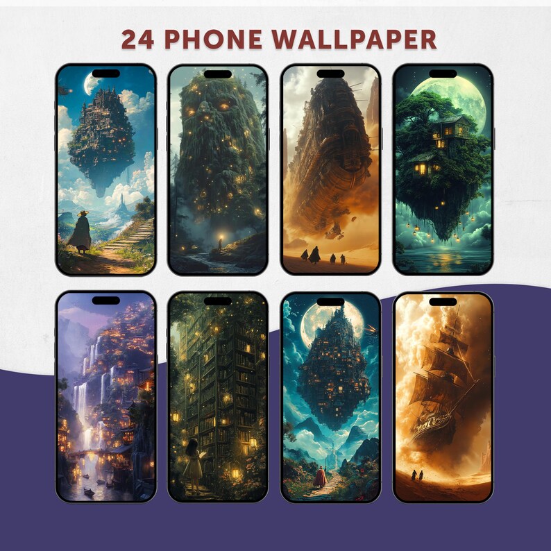 May include: A collection of eight smartphones displaying fantasy-themed wallpapers. Each phone showcases a different digital art scene, including floating islands, illuminated structures, and a sailing ship. The text "24 PHONE WALLPAPER" is at the top.