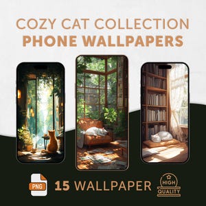 Anime Cat Phone Wallpaper | Cozy Lofi Aesthetic Background, Cute Whimsical Art, iOS Android Mobile backgrounds, Hand-drawn Style