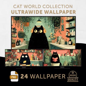 Cat World Ultrabreite Tapete, Ästhetische Katze mit Breitbildhintergrund, 21: 9 Katzenillustration Tapete, gemütliches Filmdekor für Katzen