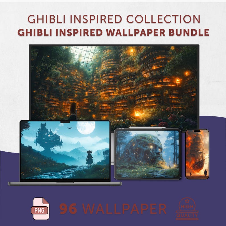 May include: A Ghibli-inspired wallpaper bundle displayed on a laptop, tablet, and smartphone. The laptop shows a castle scene, the tablet a forest, and the phone a burning ship. The text reads "Ghibli Inspired Collection" and "96 Wallpaper".