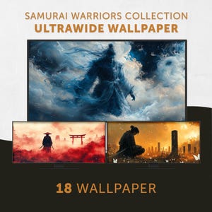 Pode incluir: Uma coleção de 18 papéis de parede ultra-largos com guerreiros samurais em várias cenas. O primeiro papel de parede mostra um guerreiro samurai em pé em uma formação de nuvens azuis que se agitam. O segundo papel de parede mostra um guerreiro samurai em pé em uma paisagem vermelha e laranja com um portão japonês tradicional. O terceiro papel de parede mostra um guerreiro samurai ajoelhado em um campo de flores brancas com um pôr do sol ao fundo.