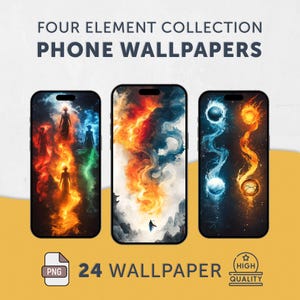 Puede incluir: Una colección de cuatro fondos de pantalla para teléfono que presentan diferentes elementos: fuego, agua, tierra y aire. Los fondos de pantalla están en un estilo oscuro y abstracto con colores y texturas que se arremolinan. El texto "FOUR ELEMENT COLLECTION PHONE WALLPAPERS" está en la parte superior de la imagen. El texto "24 WALLPAPER" está en el centro de la imagen. El texto "HIGH QUALITY" está en la esquina inferior derecha de la imagen.