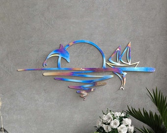 Glossy Bluing Dolphins Wall Decor, Ship With Dolphin Decoration, Rainbow Color Wall Hanging, Nature Sea Art, Modern Home Decor, Sun Metal